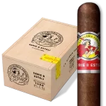La Gloria Cubana Serie R Estelí cigar displayed in front of its closed box, showcasing the bold red and gold branding.