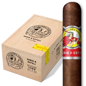 La Gloria Cubana Serie R Estelí cigar displayed in front of its closed box, showcasing the bold red and gold branding.