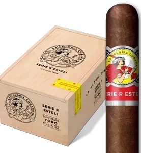 La Gloria Cubana Serie R Estelí cigar displayed in front of its closed box, showcasing the bold red and gold branding.