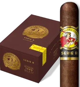 La Gloria Cubana Serie R cigar and closed box featuring bold red and gold branding and robust cigar presentation