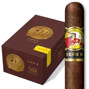 La Gloria Cubana Serie R cigar and closed box featuring bold red and gold branding and robust cigar presentation