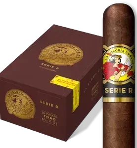La Gloria Cubana Serie R cigar and closed box featuring bold red and gold branding and robust cigar presentation