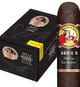La Gloria Cubana Serie S cigar with dark San Andrés wrapper displayed in front of its closed box, showcasing bold and rich presentation