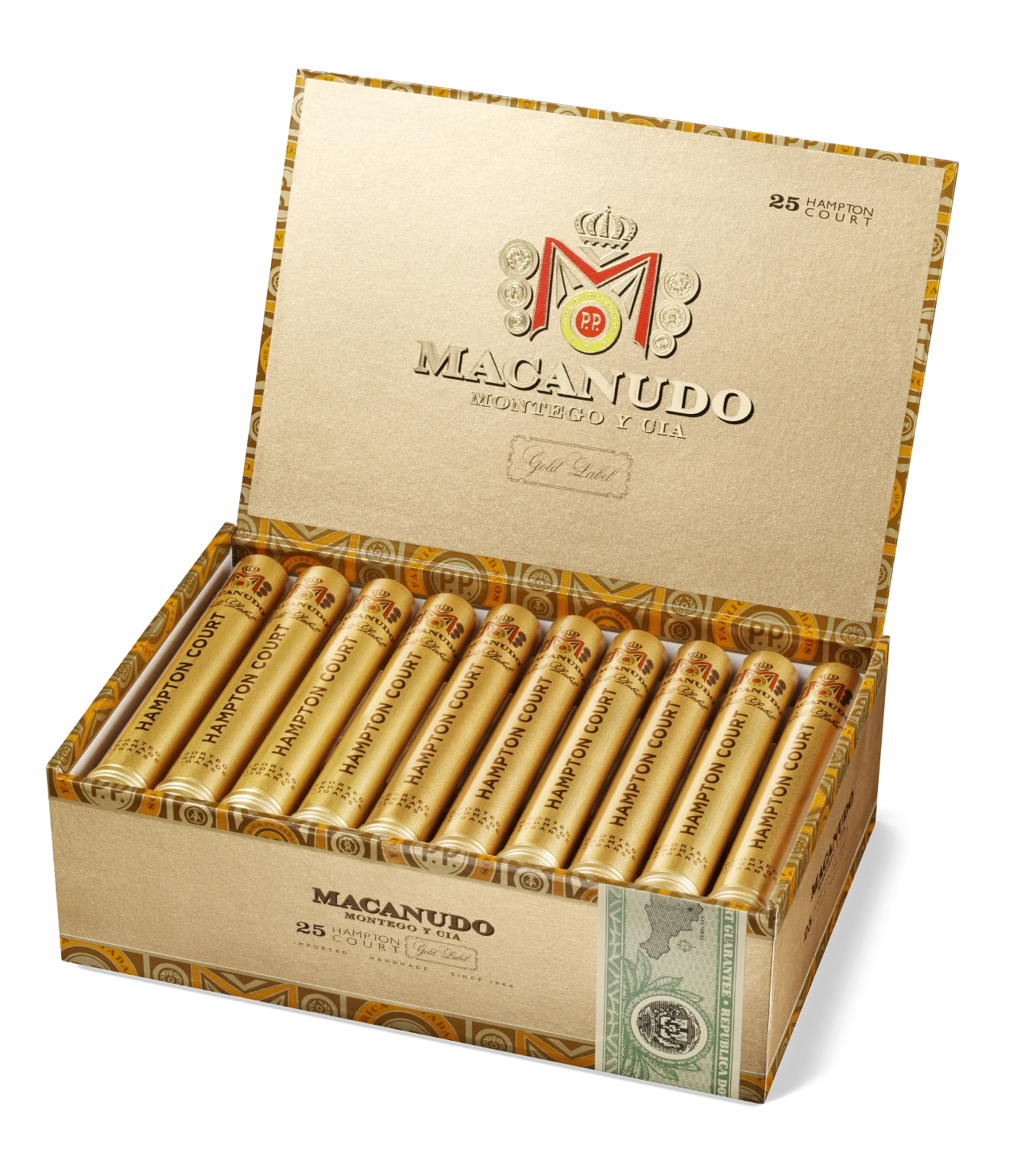 Open box of Macanudo Gold Label Tubo cigars, each individually encased in a gold tube and presented with elegant Connecticut wrappers.