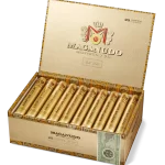 Open box of Macanudo Gold Label Tubo cigars, each individually encased in a gold tube and presented with elegant Connecticut wrappers.