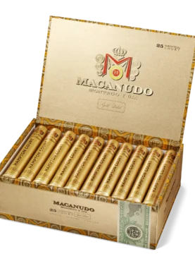 Open box of Macanudo Gold Label Tubo cigars, each individually encased in a gold tube and presented with elegant Connecticut wrappers.