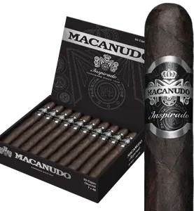 Open box of Macanudo Inspirado Black cigars featuring dark Ecuadorian wrappers and bold black-and-silver banding.