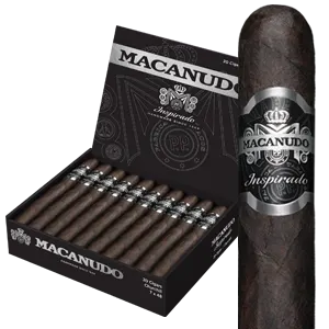 Open box of Macanudo Inspirado Black cigars featuring dark Ecuadorian wrappers and bold black-and-silver banding.