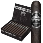 Open box of Macanudo Inspirado Black cigars featuring dark Ecuadorian wrappers and bold black-and-silver banding.