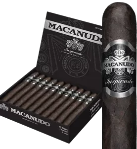 Open box of Macanudo Inspirado Black cigars featuring dark Ecuadorian wrappers and bold black-and-silver banding.