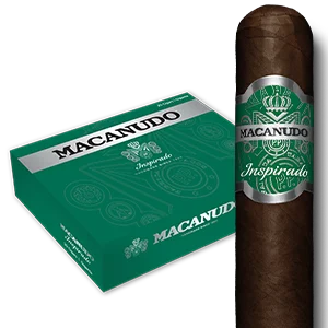 Open box of Macanudo Inspirado Green cigars with smooth Ecuadorian Sumatra wrappers and vibrant green banding.