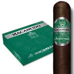 Open box of Macanudo Inspirado Green cigars with smooth Ecuadorian Sumatra wrappers and vibrant green banding.