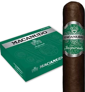 Open box of Macanudo Inspirado Green cigars with smooth Ecuadorian Sumatra wrappers and vibrant green banding.
