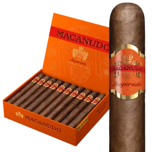 Open box of Macanudo Inspirado Orange cigars featuring rich Honduran wrappers and vibrant orange banding.