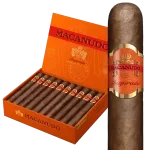 Open box of Macanudo Inspirado Orange cigars featuring rich Honduran wrappers and vibrant orange banding.