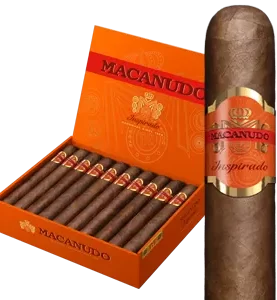 Open box of Macanudo Inspirado Orange cigars featuring rich Honduran wrappers and vibrant orange banding.