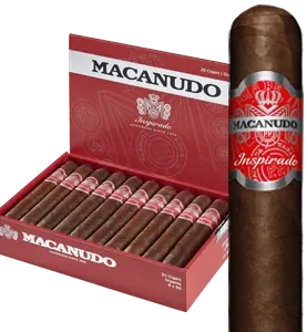 Open box of Macanudo Inspirado Red cigars with dark Habano wrappers and bold red banding, arranged for a striking presentation.