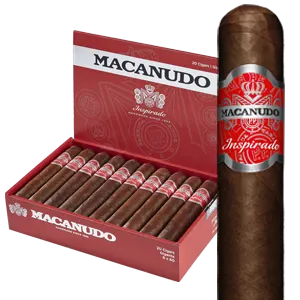 Open box of Macanudo Inspirado Red cigars with dark Habano wrappers and bold red banding, arranged for a striking presentation.