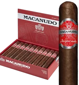 Open box of Macanudo Inspirado Red cigars with dark Habano wrappers and bold red banding, arranged for a striking presentation.