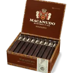 Open box of Macanudo Maduro cigars featuring dark Connecticut Broadleaf wrappers and refined presentation.