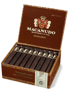 Open box of Macanudo Maduro cigars featuring dark Connecticut Broadleaf wrappers and refined presentation.