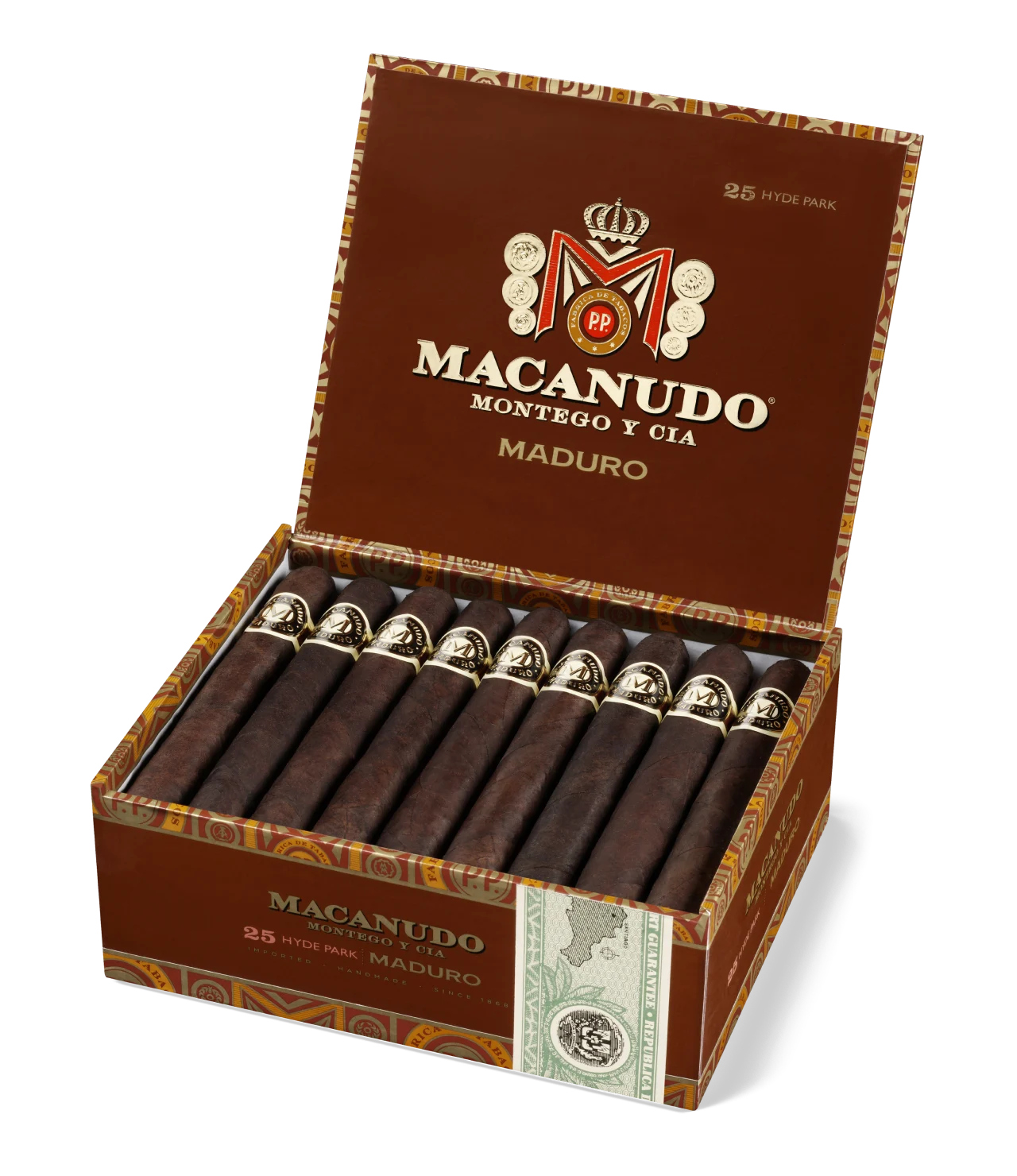 Open box of Macanudo Maduro cigars featuring dark Connecticut Broadleaf wrappers and refined presentation.