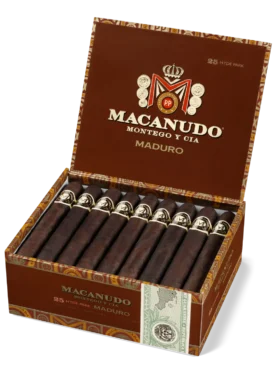 Open box of Macanudo Maduro cigars featuring dark Connecticut Broadleaf wrappers and refined presentation.