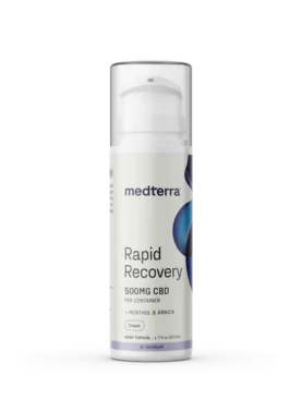 Tube of Medterra Rapid Recovery Cooling Cream 500 mg, featuring CBD and menthol for targeted, cooling relief.