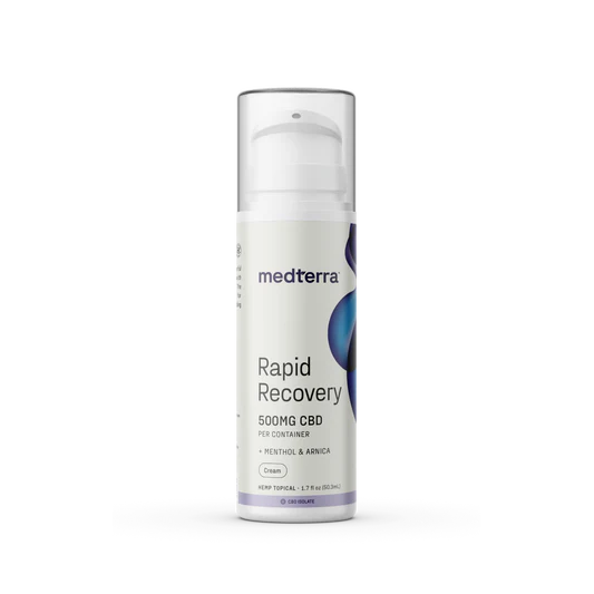 Tube of Medterra Rapid Recovery Cooling Cream 500 mg, featuring CBD and menthol for targeted, cooling relief.