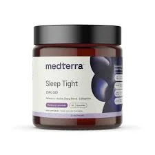 Jar of 20 Medterra Sleep Tight Gummies with berry-flavored gummies designed to support restful sleep.