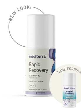 Tube of Medterra Rapid Recovery Cream with 500 mg CBD, featuring menthol and botanical ingredients for cooling muscle relief.