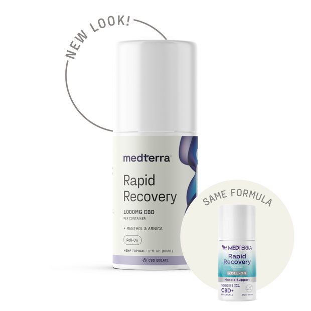 Tube of Medterra Rapid Recovery Cream with 500 mg CBD, featuring menthol and botanical ingredients for cooling muscle relief.