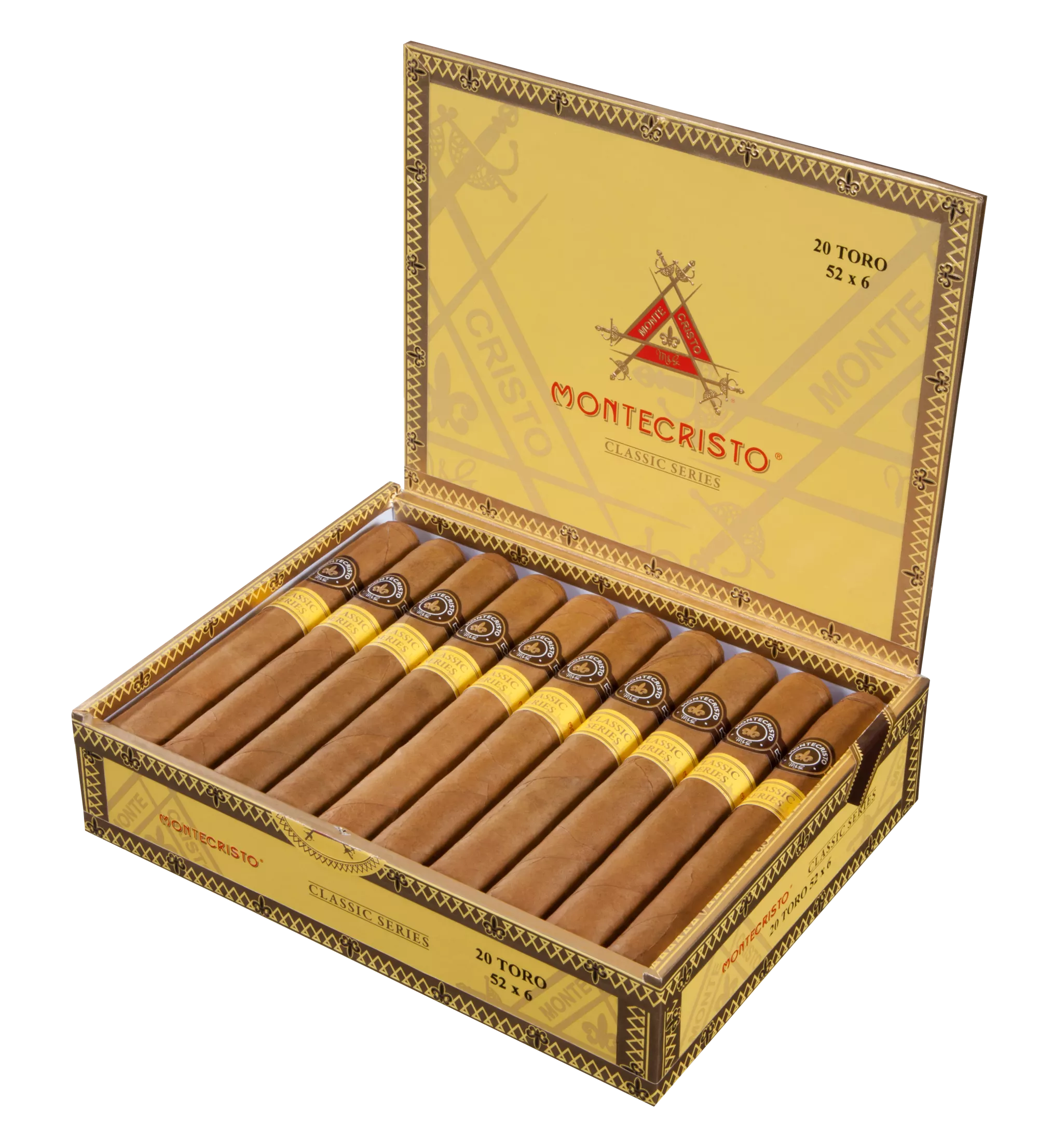 Open box of Montecristo Classic Series cigars featuring smooth Connecticut Shade wrappers and elegant gold branding.