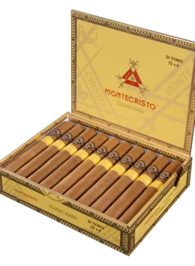 Open box of Montecristo Classic Series cigars featuring smooth Connecticut Shade wrappers and elegant gold branding.