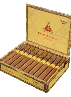 Open box of Montecristo Classic Series cigars featuring smooth Connecticut Shade wrappers and elegant gold branding.
