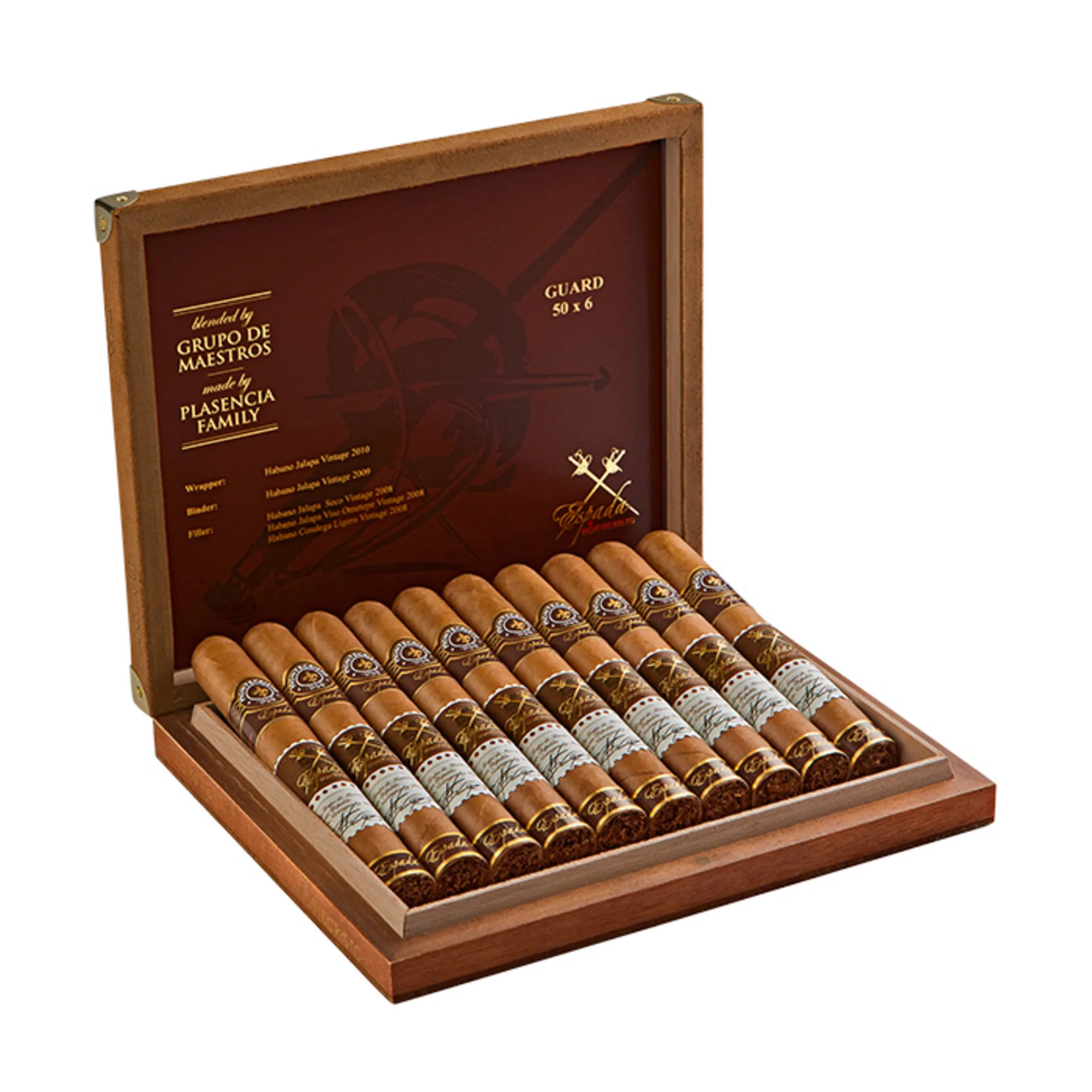 Open box of Montecristo Espada cigars with rich brown Nicaraguan wrappers and detailed gold-accented bands.