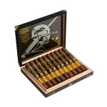 Open box of Montecristo Espada Oscuro cigars with dark, oily wrappers and elegant black and gold bands.