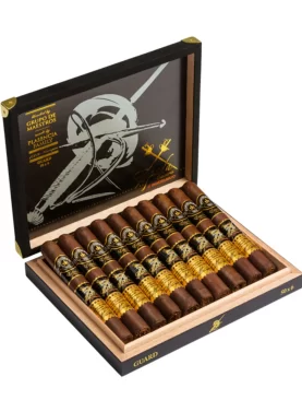 Open box of Montecristo Espada Oscuro cigars with dark, oily wrappers and elegant black and gold bands.