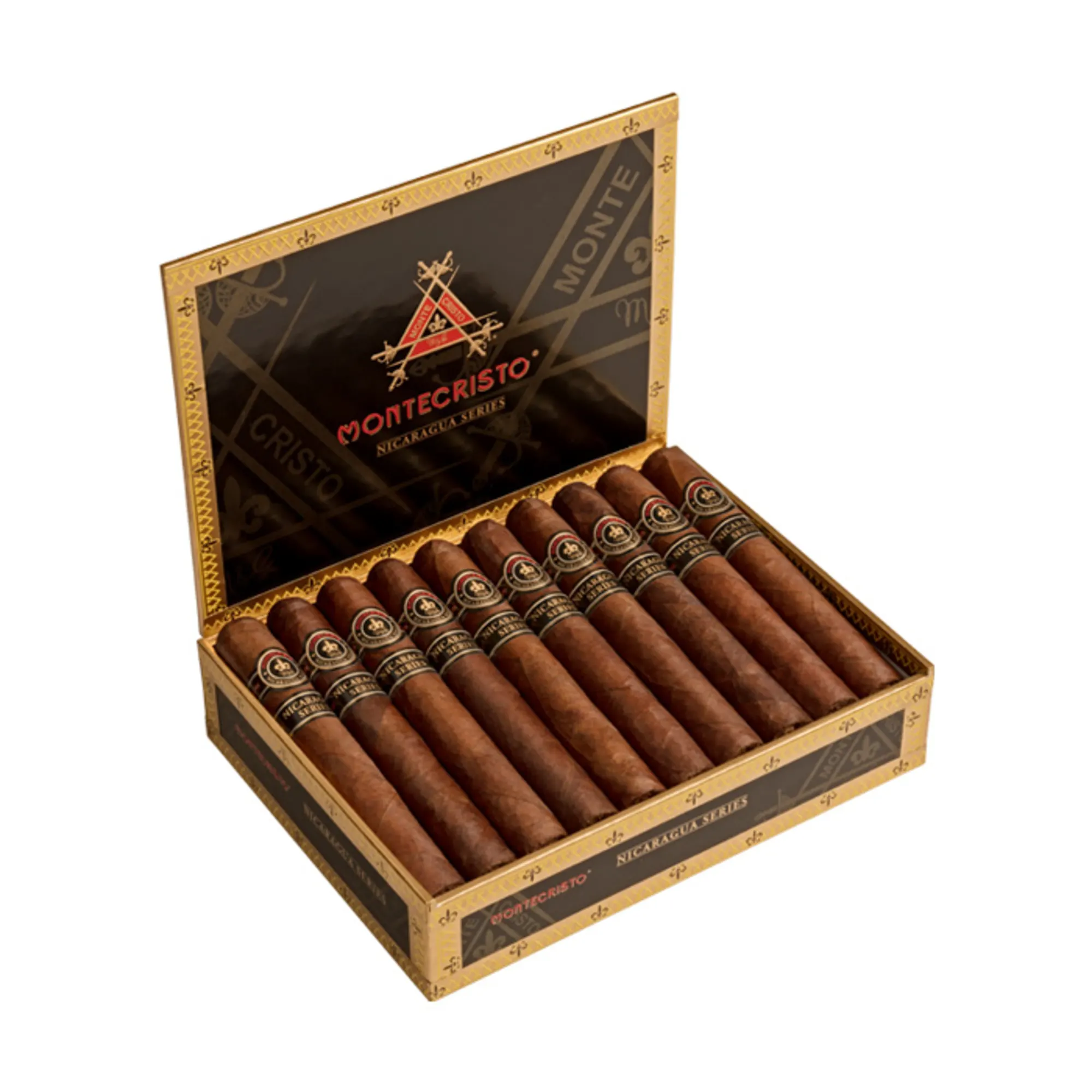 Open box of Montecristo Nicaragua Series cigars featuring dark Habano wrappers and bold, striking red and gold branding.
