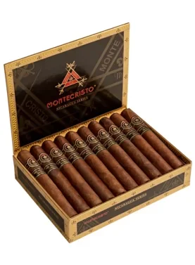Open box of Montecristo Nicaragua Series cigars featuring dark Habano wrappers and bold, striking red and gold branding.