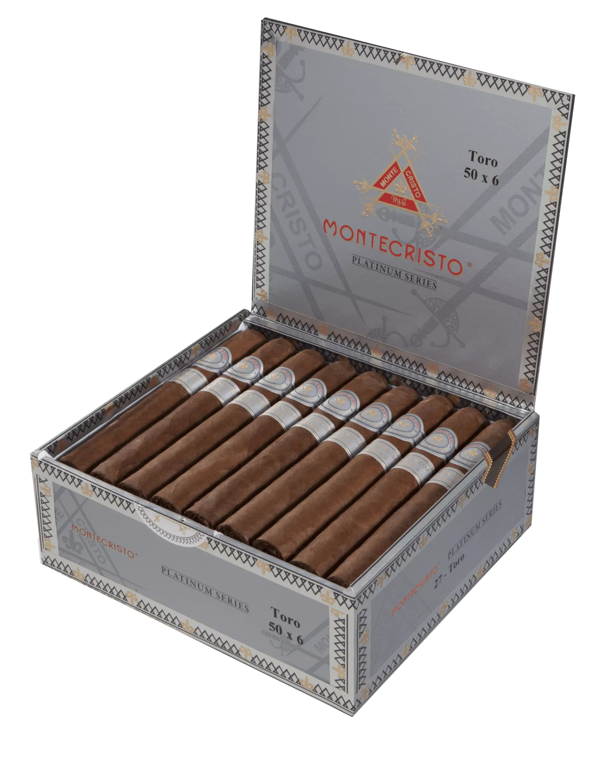 Open box of Montecristo Platinum Series cigars with dark San Andrés wrappers and sleek silver bands.