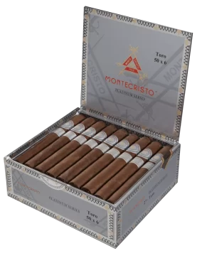 Open box of Montecristo Platinum Series cigars with dark San Andrés wrappers and sleek silver bands.