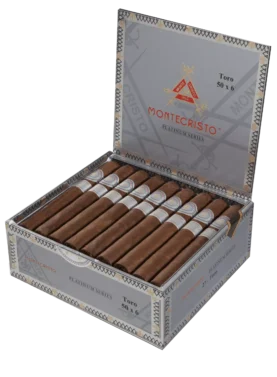 Open box of Montecristo Platinum Series cigars with dark San Andrés wrappers and sleek silver bands.