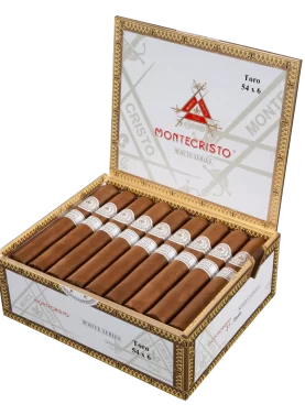 Open box of Montecristo White Series cigars featuring smooth Connecticut Shade wrappers and elegant gold and white bands.