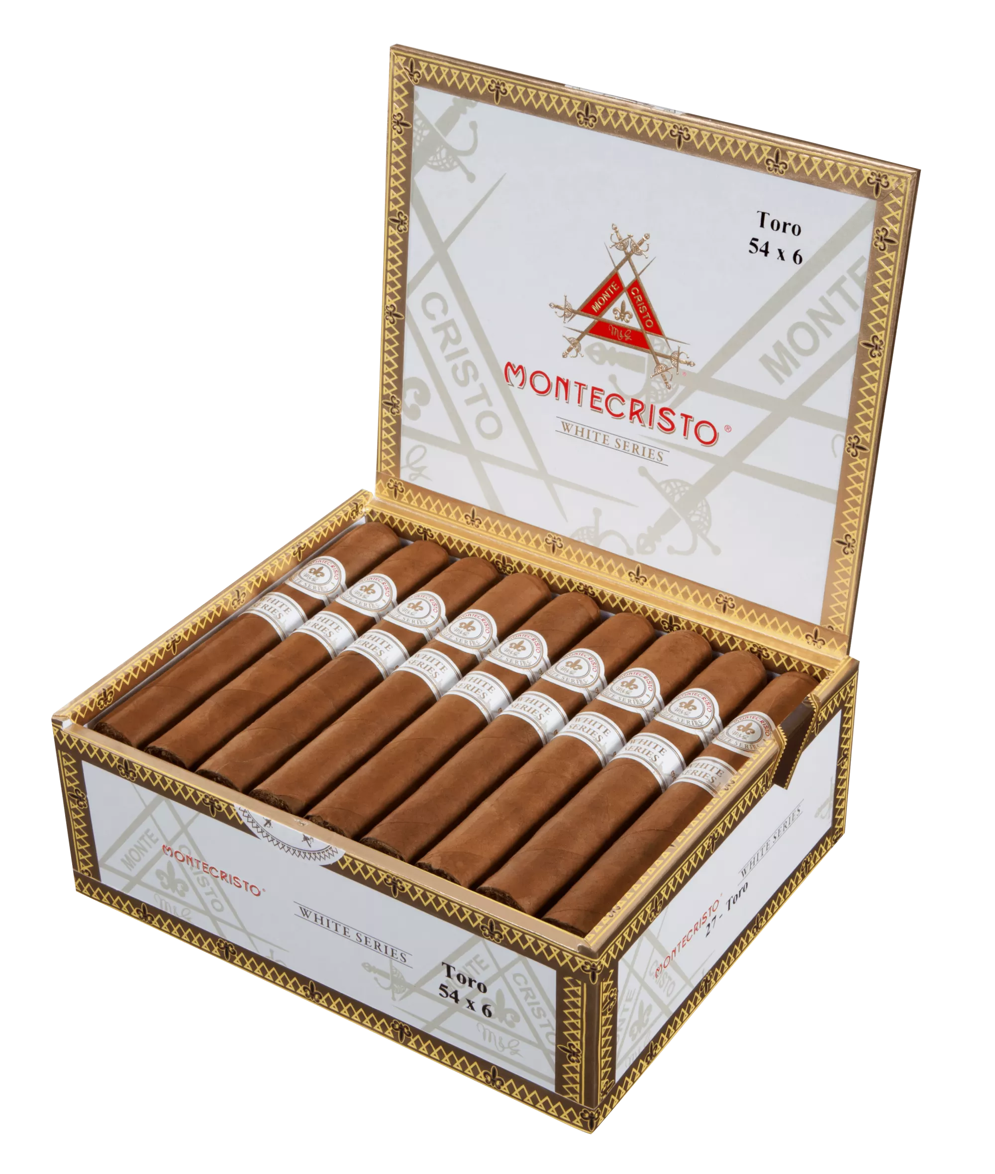 Open box of Montecristo White Series cigars featuring smooth Connecticut Shade wrappers and elegant gold and white bands.