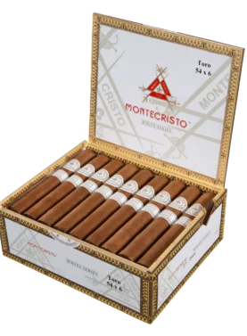 Open box of Montecristo White Series cigars featuring smooth Connecticut Shade wrappers and elegant gold and white bands.