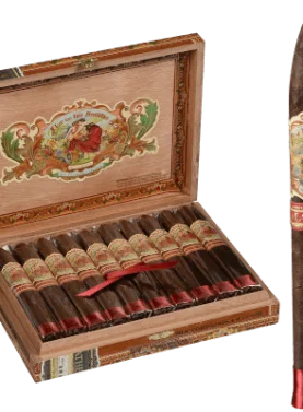Flor de las Antillas Maduro single cigar with open box in the background