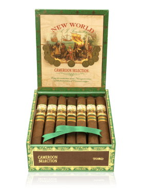 An open box of New World Cameroon cigars, showcasing their rich, reddish-brown wrappers and vibrant cigar bands
