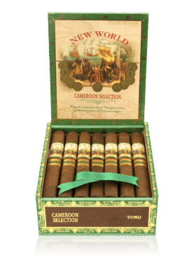 An open box of New World Cameroon cigars, showcasing their rich, reddish-brown wrappers and vibrant cigar bands