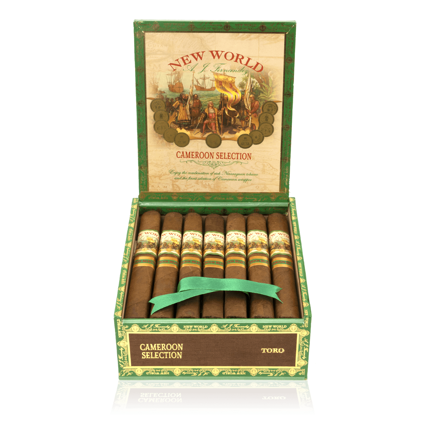 An open box of New World Cameroon cigars, showcasing their rich, reddish-brown wrappers and vibrant cigar bands